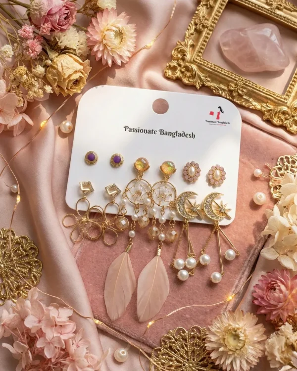 Trendy stud, hoop and drop earrings from Passionate Bangladesh, everyday and party jewelry in different shapes and colors for women and girls.