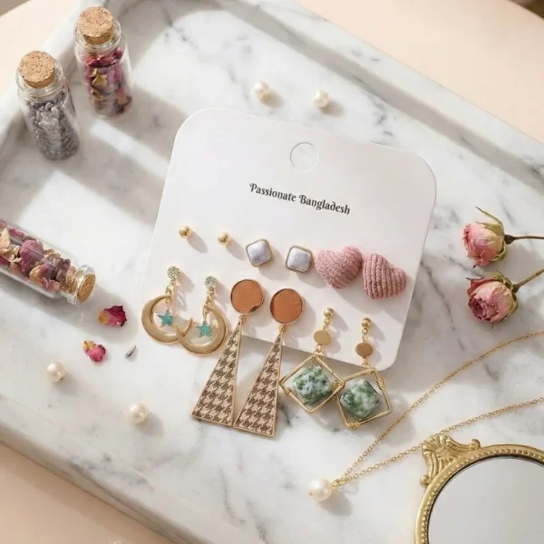 Trendy stud, hoop and drop earrings from Passionate Bangladesh, everyday and party jewelry in different shapes and colors for women and girls.