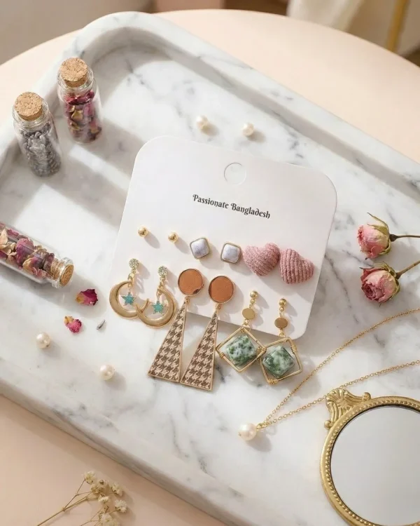 Trendy stud, hoop and drop earrings from Passionate Bangladesh, everyday and party jewelry in different shapes and colors for women and girls.