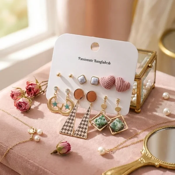 Trendy stud, hoop and drop earrings from Passionate Bangladesh, everyday and party jewelry in different shapes and colors for women and girls.