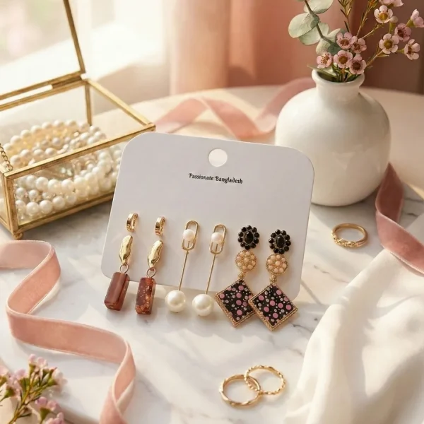 Trendy stud, hoop and drop earrings from Passionate Bangladesh, everyday and party jewelry in different shapes and colors for women and girls.