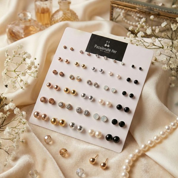 Stud earring set from Passionate Bangladesh, featuring multiple pairs of small everyday studs in different shapes and colors, budget friendly, attractive earrings and arranged on a display card.