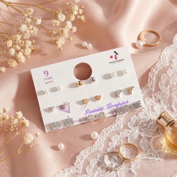 Budget‑friendly stud earring set from Passionate Bangladesh with multiple colorful everyday designs, attractive small studs neatly designed for Passionate girls only.
