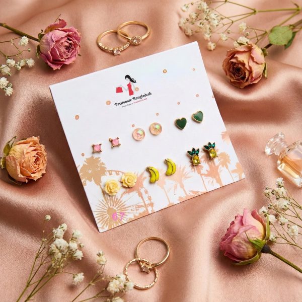 Budget‑friendly stud earring set from Passionate Bangladesh with multiple colorful everyday designs, attractive small studs neatly designed for Passionate girls only.