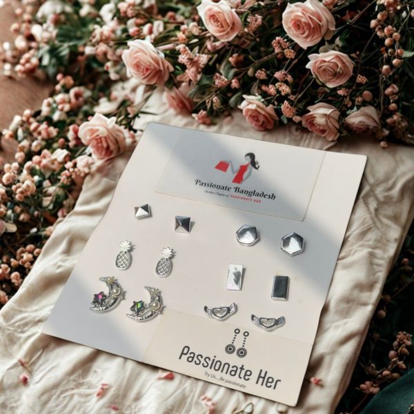 Budget‑friendly stud earring set from Passionate Bangladesh with multiple colorful everyday designs, attractive small studs neatly designed for Passionate girls only.
