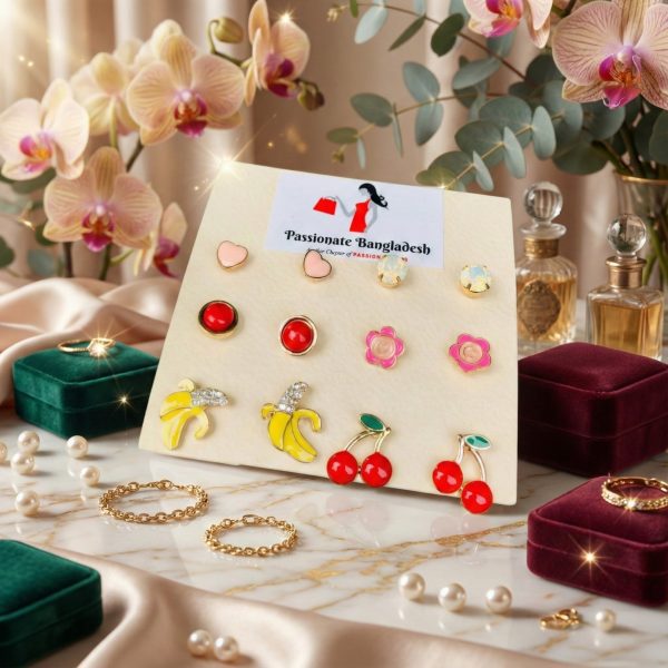 Stud earring set from Passionate Bangladesh, featuring multiple pairs of small everyday studs in different shapes and colors, budget friendly, attractive earrings and arranged on a display card.