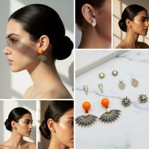 Stud earring set from Passionate Bangladesh, featuring multiple pairs of small everyday studs in different shapes and colors, budget friendly, attractive earrings and arranged on a display card.