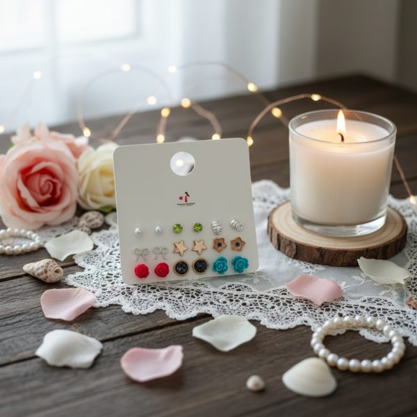 Stud earring set from Passionate Bangladesh, featuring multiple pairs of small everyday studs in different shapes and colors, budget friendly, attractive earrings and arranged on a display card.