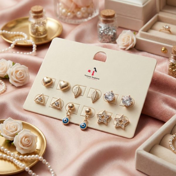 Stud earring set from Passionate Bangladesh, featuring multiple pairs of small everyday studs in different shapes and colors, budget friendly, attractive earrings and arranged on a display card.