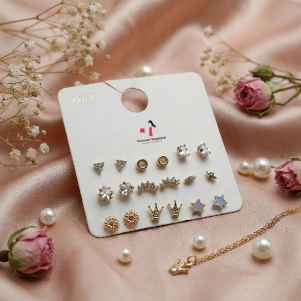 Budget‑friendly stud earring set from Passionate Bangladesh with multiple colorful everyday designs, attractive small studs neatly designed for Passionate girls only.