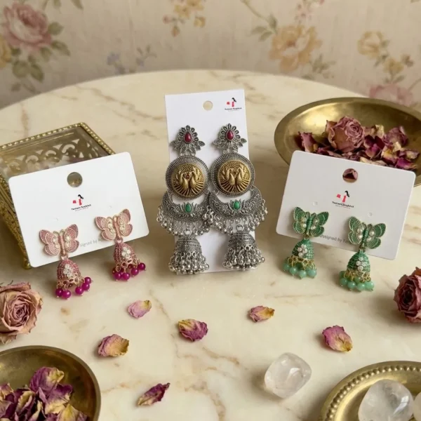 Colorful Indian jhumka earrings from Passionate Bangladesh, featuring silver-tone oxidized jhumkas with red, yellow, green and many more colors for women and girls.