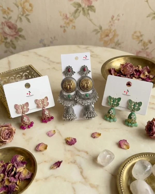 Colorful Indian jhumka earrings from Passionate Bangladesh, featuring silver-tone oxidized jhumkas with red, yellow, green and many more colors for women and girls.