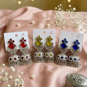 Colorful Indian jhumka earrings from Passionate Bangladesh, featuring silver-tone oxidized jhumkas with red, yellow, green and many more colors for women and girls.