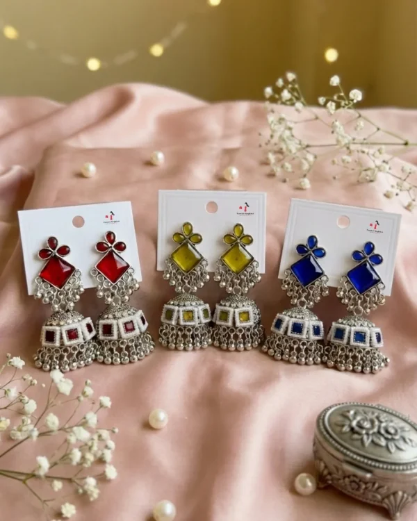 Colorful Indian jhumka earrings from Passionate Bangladesh, featuring silver-tone oxidized jhumkas with red, yellow, green and many more colors for women and girls.
