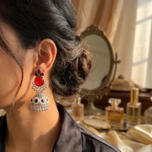 Colorful Indian jhumka earrings from Passionate Bangladesh, featuring silver-tone oxidized jhumkas with red, yellow, green and many more colors for women and girls.