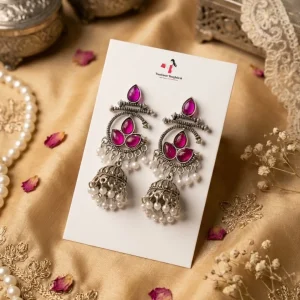 Colorful Indian jhumka and jhumki earrings from Passionate Bangladesh, featuring silver-tone oxidized jhumkas with red, yellow, green and many more colors for women and girls.