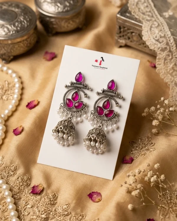Colorful Indian jhumka and jhumki earrings from Passionate Bangladesh, featuring silver-tone oxidized jhumkas with red, yellow, green and many more colors for women and girls.