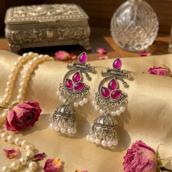 Colorful Indian jhumka earrings from Passionate Bangladesh, featuring silver-tone oxidized jhumkas with red, yellow, green and many more colors for women and girls.