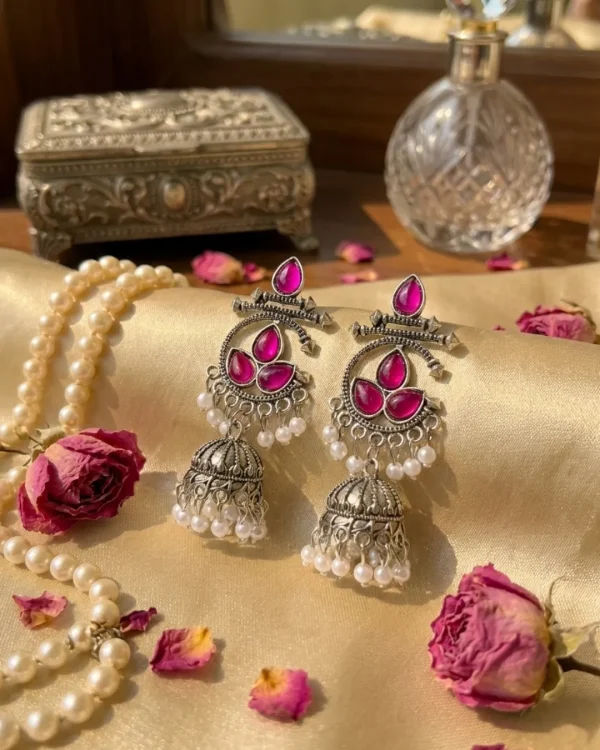 Colorful Indian jhumka earrings from Passionate Bangladesh, featuring silver-tone oxidized jhumkas with red, yellow, green and many more colors for women and girls.