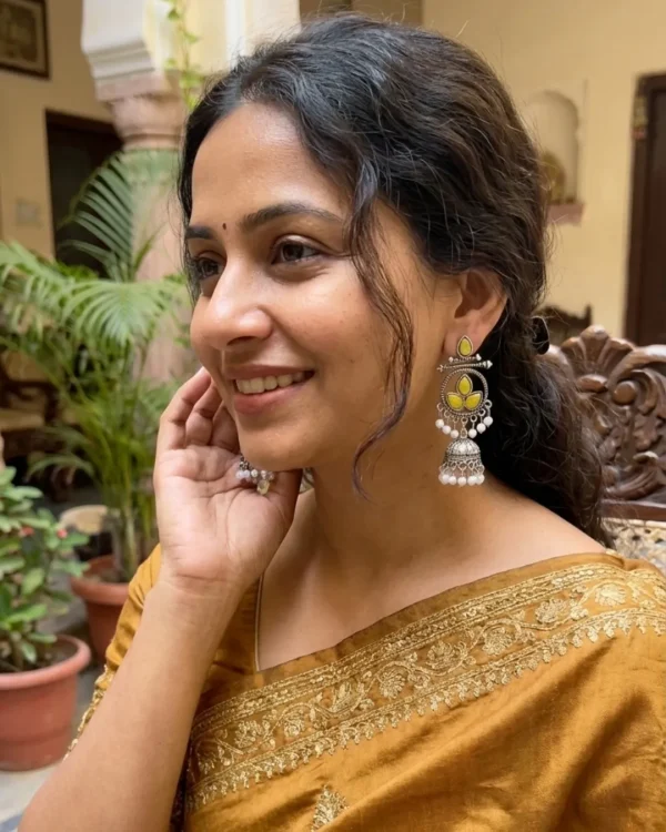 Colorful Indian jhumka earrings from Passionate Bangladesh, featuring silver-tone oxidized jhumkas with red, yellow, green and many more colors for women and girls.