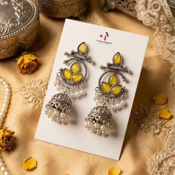 Colorful Indian jhumka earrings from Passionate Bangladesh, featuring silver-tone oxidized jhumkas with red, yellow, green and many more colors for women and girls.