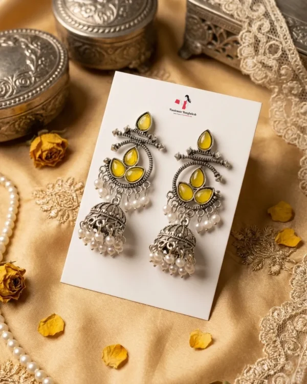 Colorful Indian jhumka earrings from Passionate Bangladesh, featuring silver-tone oxidized jhumkas with red, yellow, green and many more colors for women and girls.