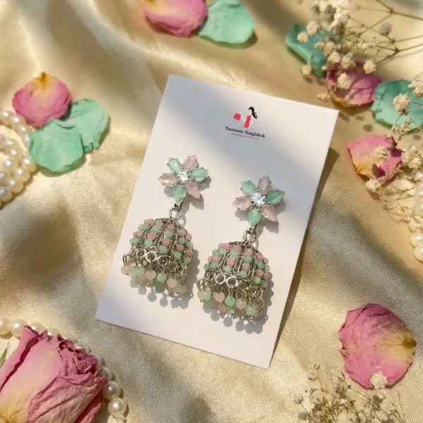 Colorful Indian jhumka earrings from Passionate Bangladesh, featuring silver-tone oxidized jhumkas with red, yellow, green and many more colors for women and girls.