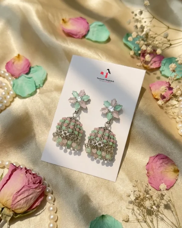 Colorful Indian jhumka earrings from Passionate Bangladesh, featuring silver-tone oxidized jhumkas with red, yellow, green and many more colors for women and girls.