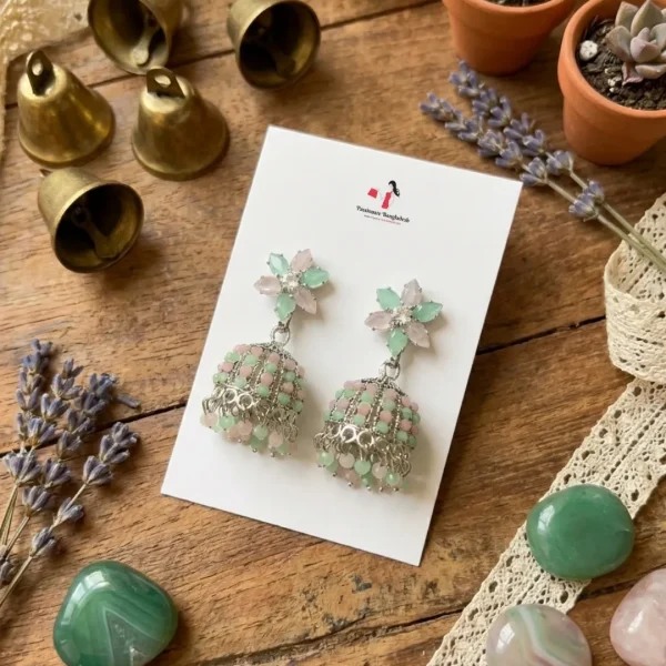 Colorful Indian jhumka earrings from Passionate Bangladesh, featuring silver-tone oxidized jhumkas with red, yellow, green and many more colors for women and girls.