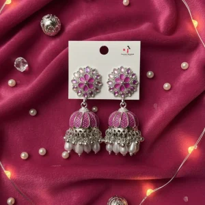 Colorful Indian jhumka earrings from Passionate Bangladesh, featuring silver-tone oxidized jhumkas with red, yellow, green and many more colors for women and girls.