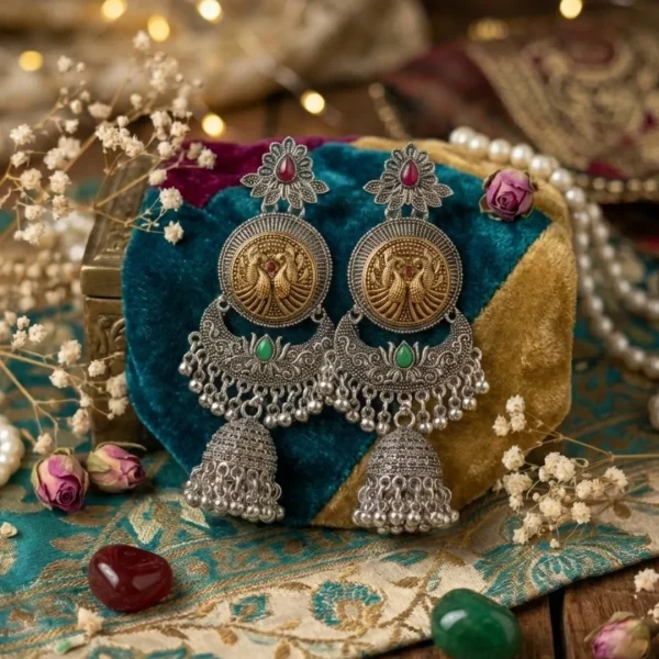 Colorful Indian jhumka earrings from Passionate Bangladesh, featuring silver-tone oxidized jhumkas with red, yellow, green and many more colors for women and girls.