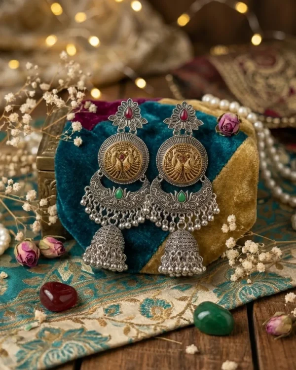 Colorful Indian jhumka earrings from Passionate Bangladesh, featuring silver-tone oxidized jhumkas with red, yellow, green and many more colors for women and girls.