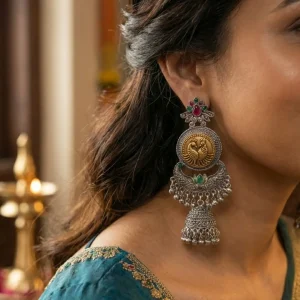 Colorful Indian jhumka earrings from Passionate Bangladesh, featuring silver-tone oxidized jhumkas with red, yellow, green and many more colors for women and girls.