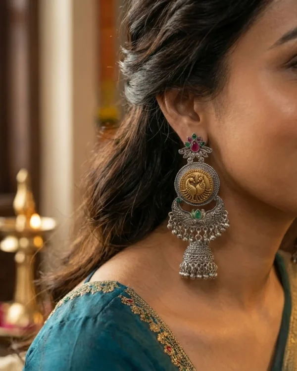 Colorful Indian jhumka earrings from Passionate Bangladesh, featuring silver-tone oxidized jhumkas with red, yellow, green and many more colors for women and girls.