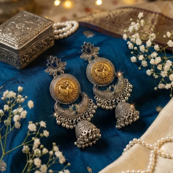 Colorful Indian jhumka earrings from Passionate Bangladesh, featuring silver-tone oxidized jhumkas with red, yellow, green and many more colors for women and girls.