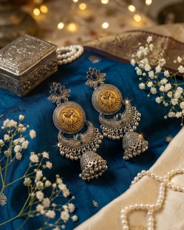 Colorful Indian jhumka earrings from Passionate Bangladesh, featuring silver-tone oxidized jhumkas with red, yellow, green and many more colors for women and girls.