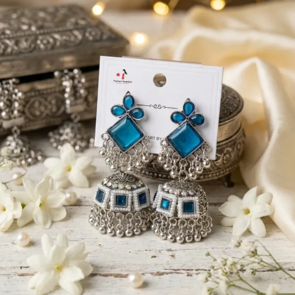 Colorful Indian jhumka earrings from Passionate Bangladesh, featuring silver-tone oxidized jhumkas with red, yellow, green and many more colors for women and girls.