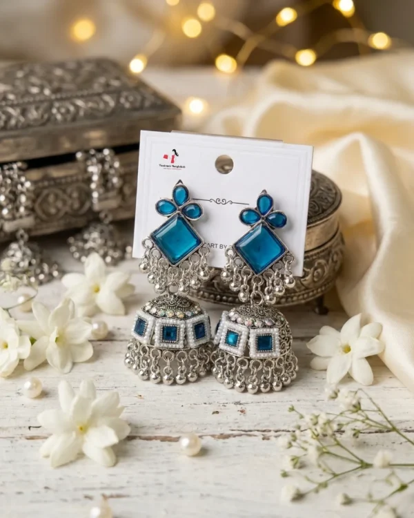 Colorful Indian jhumka earrings from Passionate Bangladesh, featuring silver-tone oxidized jhumkas with red, yellow, green and many more colors for women and girls.