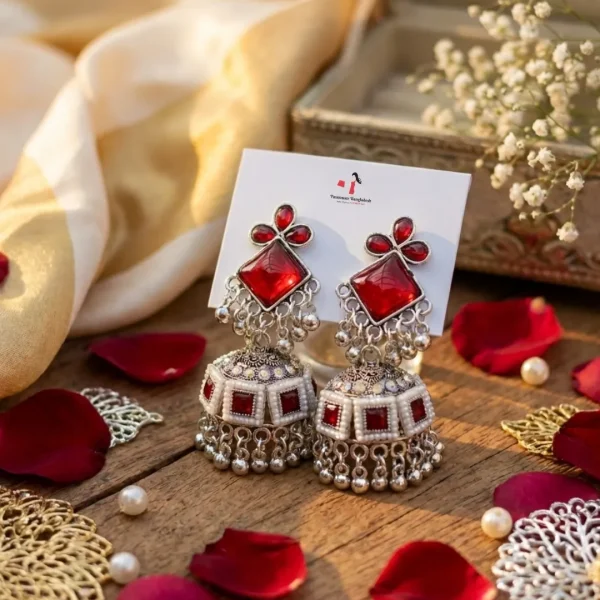 Colorful Indian jhumka earrings from Passionate Bangladesh, featuring silver-tone oxidized jhumkas with red, yellow, green and many more colors for women and girls.