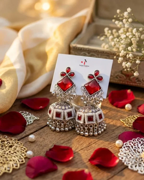 Colorful Indian jhumka earrings from Passionate Bangladesh, featuring silver-tone oxidized jhumkas with red, yellow, green and many more colors for women and girls.
