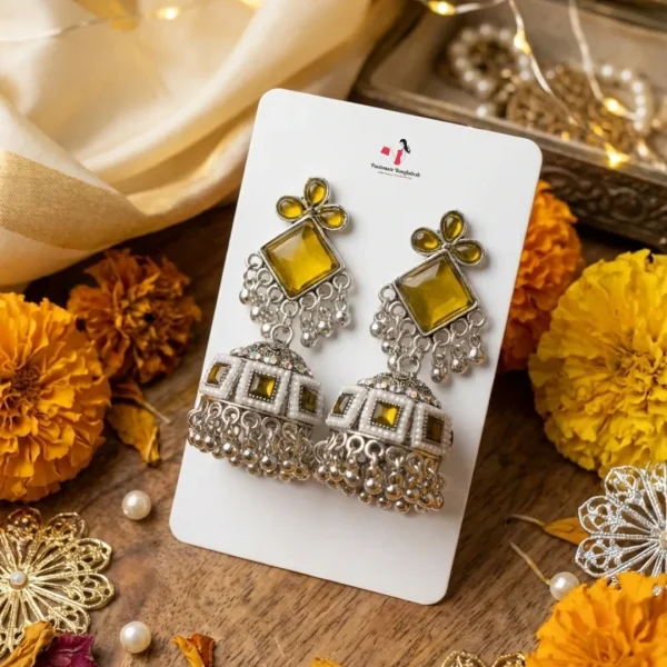 Colorful Indian jhumka earrings from Passionate Bangladesh, featuring silver-tone oxidized jhumkas with red, yellow, green and many more colors for women and girls.