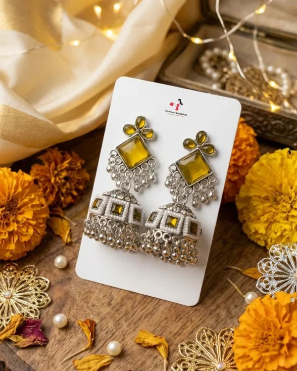 Colorful Indian jhumka earrings from Passionate Bangladesh, featuring silver-tone oxidized jhumkas with red, yellow, green and many more colors for women and girls.