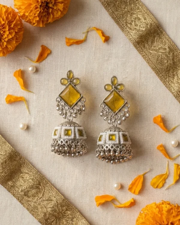 Colorful Indian jhumka earrings from Passionate Bangladesh, featuring silver-tone oxidized jhumkas with red, yellow, green and many more colors for women and girls.