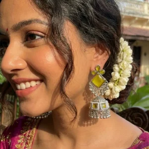 Colorful Indian jhumka earrings from Passionate Bangladesh, featuring silver-tone oxidized jhumkas with red, yellow, green and many more colors for women and girls.