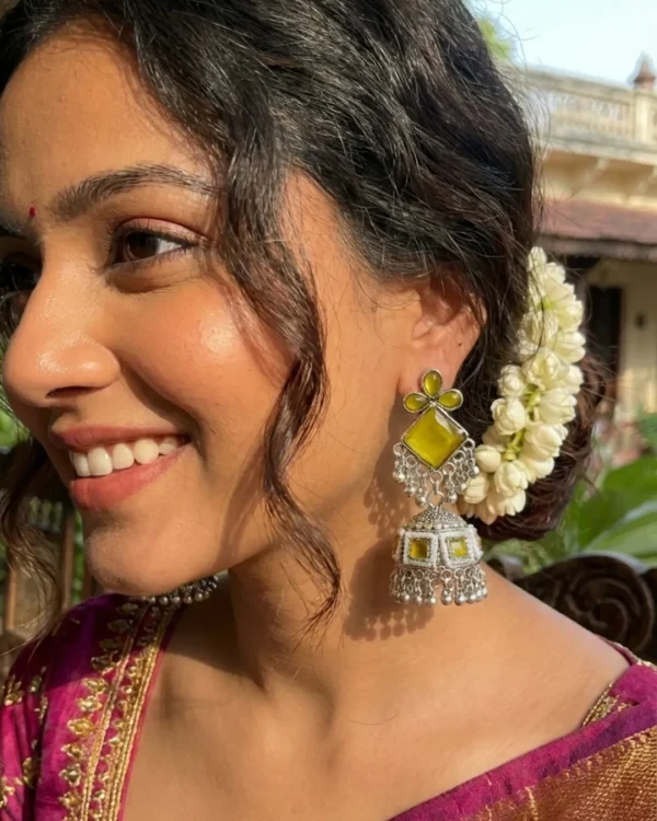 Colorful Indian jhumka earrings from Passionate Bangladesh, featuring silver-tone oxidized jhumkas with red, yellow, green and many more colors for women and girls.