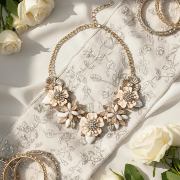 Stylish fashion flower necklaces necklace collection at Passionate Bangladesh showing different gold, silver and stoned necklaces for western and fusion outfits.