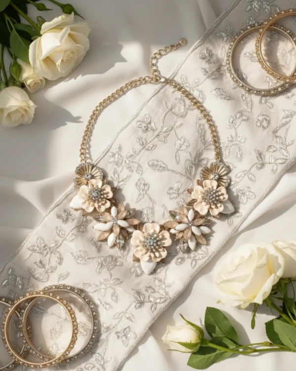 Stylish fashion flower necklaces necklace collection at Passionate Bangladesh showing different gold, silver and stoned necklaces for western and fusion outfits.