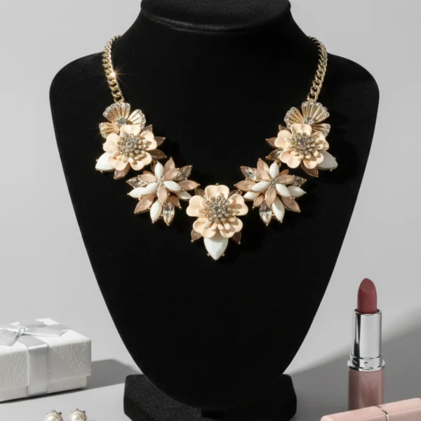 Stylish fashion flower necklaces necklace collection at Passionate Bangladesh showing different gold, silver and stoned necklaces for western and fusion outfits.