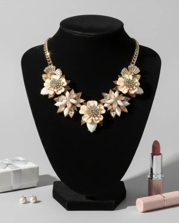 Stylish fashion flower necklaces necklace collection at Passionate Bangladesh showing different gold, silver and stoned necklaces for western and fusion outfits.