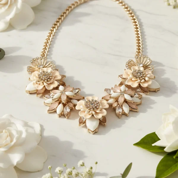 Stylish fashion flower necklaces necklace collection at Passionate Bangladesh showing different gold, silver and stoned necklaces for western and fusion outfits.